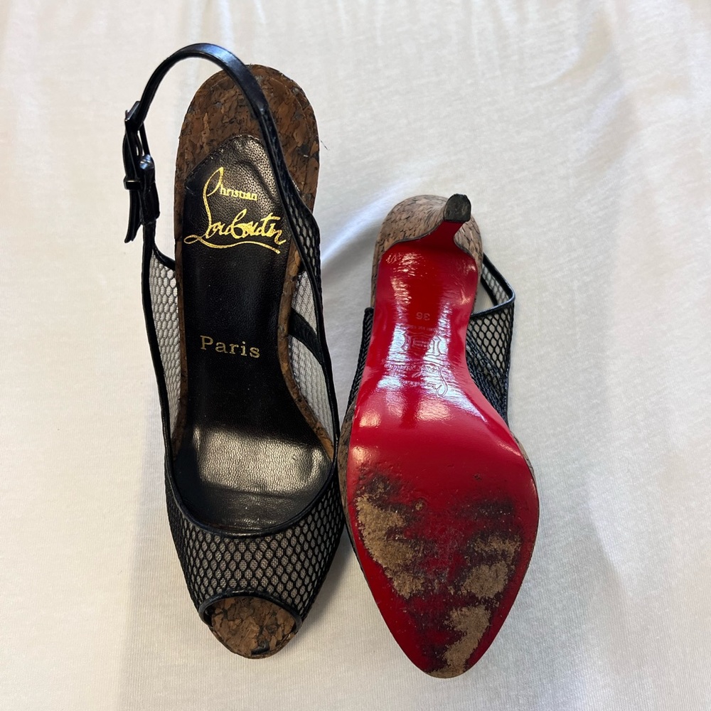 Christian Louboutin fishnet black sling back cork high heels size 36